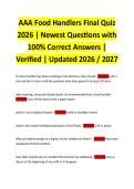 AAA Food Handlers Final Quiz 2026 &vert; Newest Questions with 100&percnt; Correct Answers &vert; Verified &vert; Updated 2026 &sol; 2027
