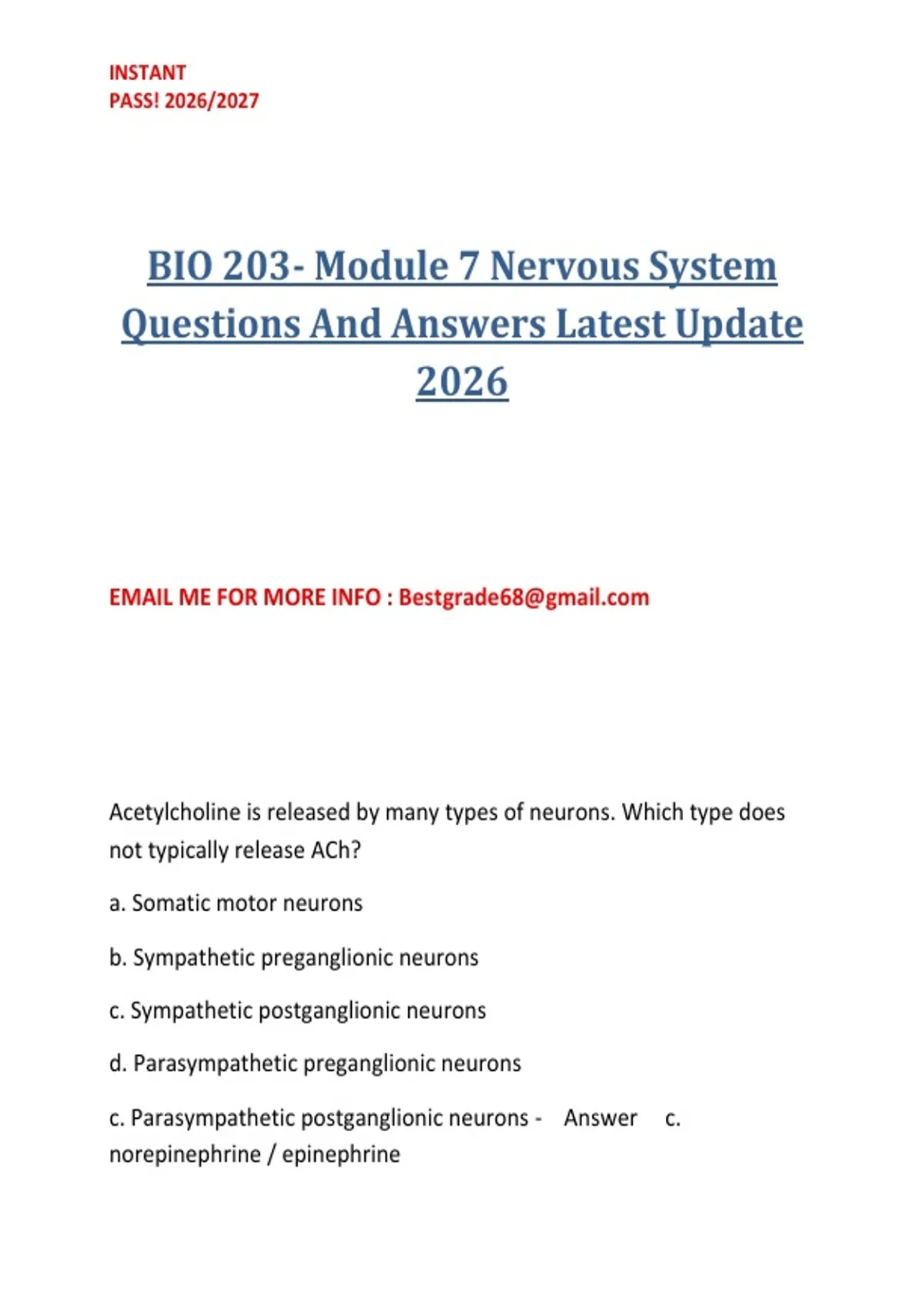 BIO 203- Module 7 Nervous System Questions And Answers Latest Update ...