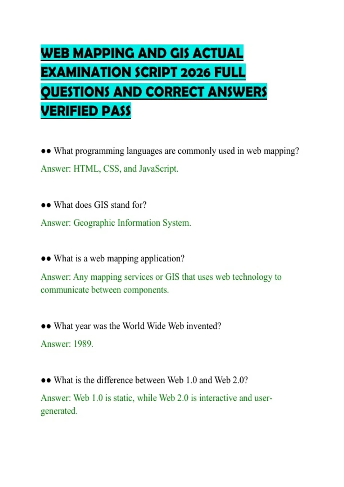 WEB MAPPING AND GIS ACTUAL EXAMINATION SCRIPT 2026 FULL QUESTIONS AND ...