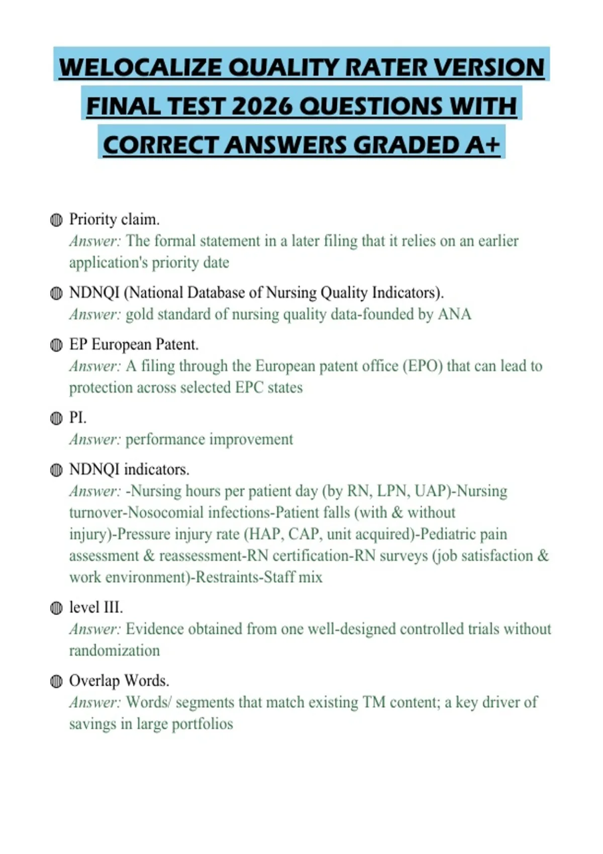 Welocalize Search Quality Rater Example WELOCALIZE QUALITY RATER VERSION FINAL TEST 2026 QUESTIONS WITH CORRECT ...