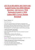ATI TEAS READING SECTION-Full&NewLine;Length Practice Test &lpar;2026 Edition&rpar;&vert;&vert; &NewLine;Questions  And Answers  With &NewLine;Rationales&sol;Graded A&plus;&sol;2026 &NewLine;Update&sol;100&percnt; Correct &sol;Instant &NewLine;Download