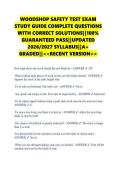 WOODSHOP SAFETY TEST EXAM &NewLine;STUDY GUIDE COMPLETE QUESTIONS &NewLine;WITH CORRECT SOLUTIONS&vert;&vert;100&percnt; &NewLine;GUARANTEED PASS&vert;&vert;UPDATED &NewLine;2026&sol;2027 SYLLABUS&vert;&vert;A&plus; &NewLine;GRADED&vert;&vert;<<RECENT VERSION>> &NewLine;