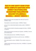 HEALTH AND SAFETY EXAM STUDY &NewLine;GUIDE COMPLETE QUESTIONS WITH &NewLine;CORRECT SOLUTIONS&vert;&vert;100&percnt; &NewLine;GUARANTEED PASS&vert;&vert;UPDATED &NewLine;2026&sol;2027 SYLLABUS&vert;&vert;A&plus; &NewLine;GRADED&vert;&vert;<<RECENT VERSION>> 