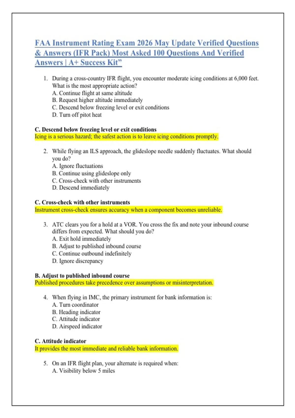 Ffa Instrument FAA Instrument Rating Exam 2026 May Update Verified Questions & Answers ...