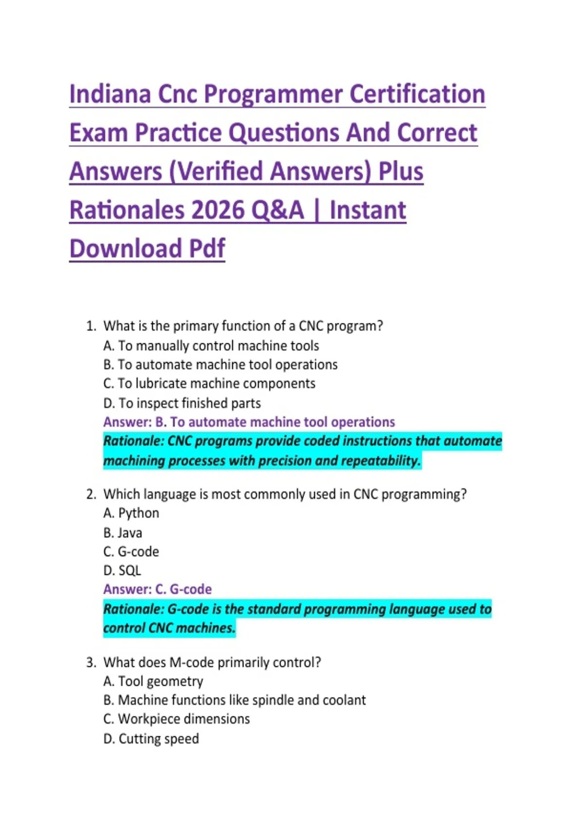 Indiana Cnc Programmer Certification Exam Practice Questions And ...