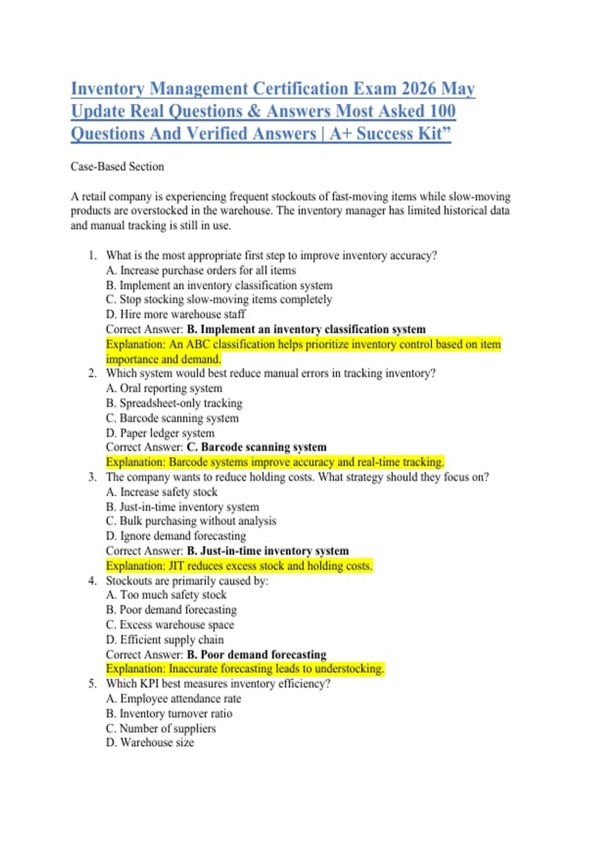 Inventory Management Interview Math Test Inventory Management Certification Exam 2026 May Update Real Questions ...