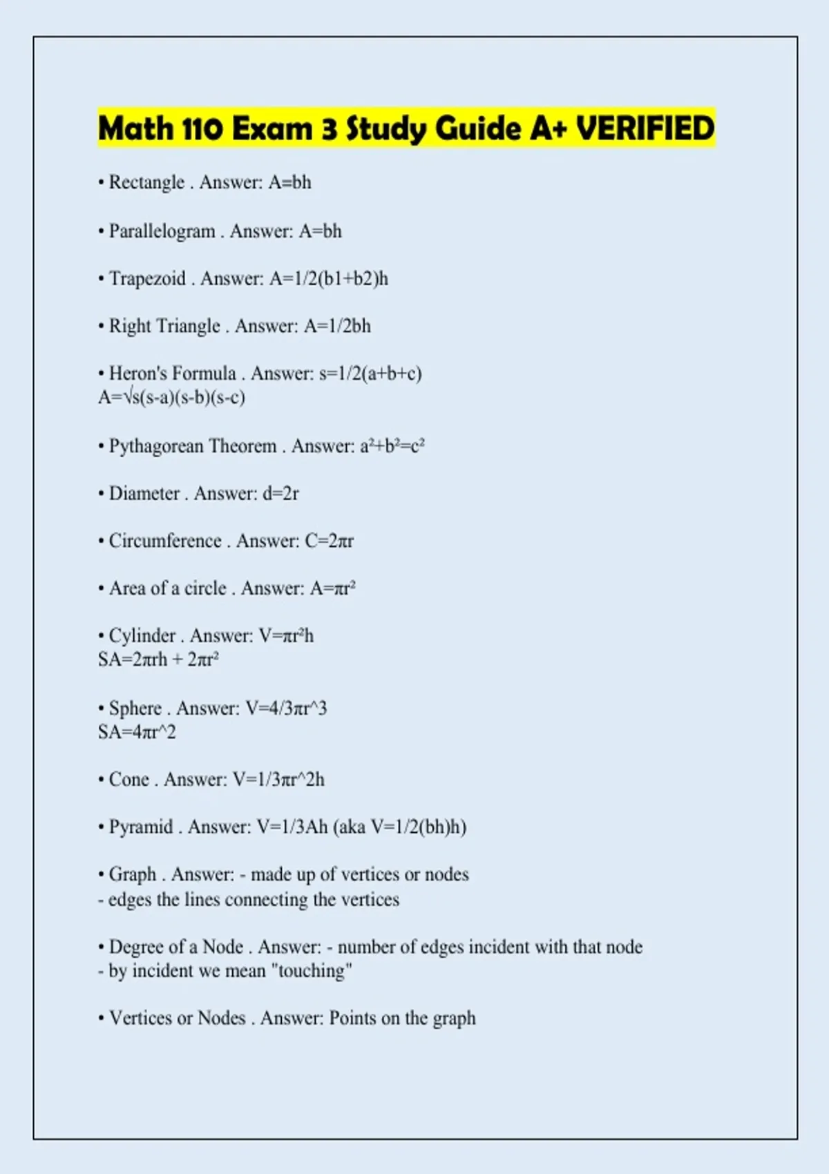 Math 110 Exam 3 Study Guide A+ VERIFIED - Math 110 - Stuvia US