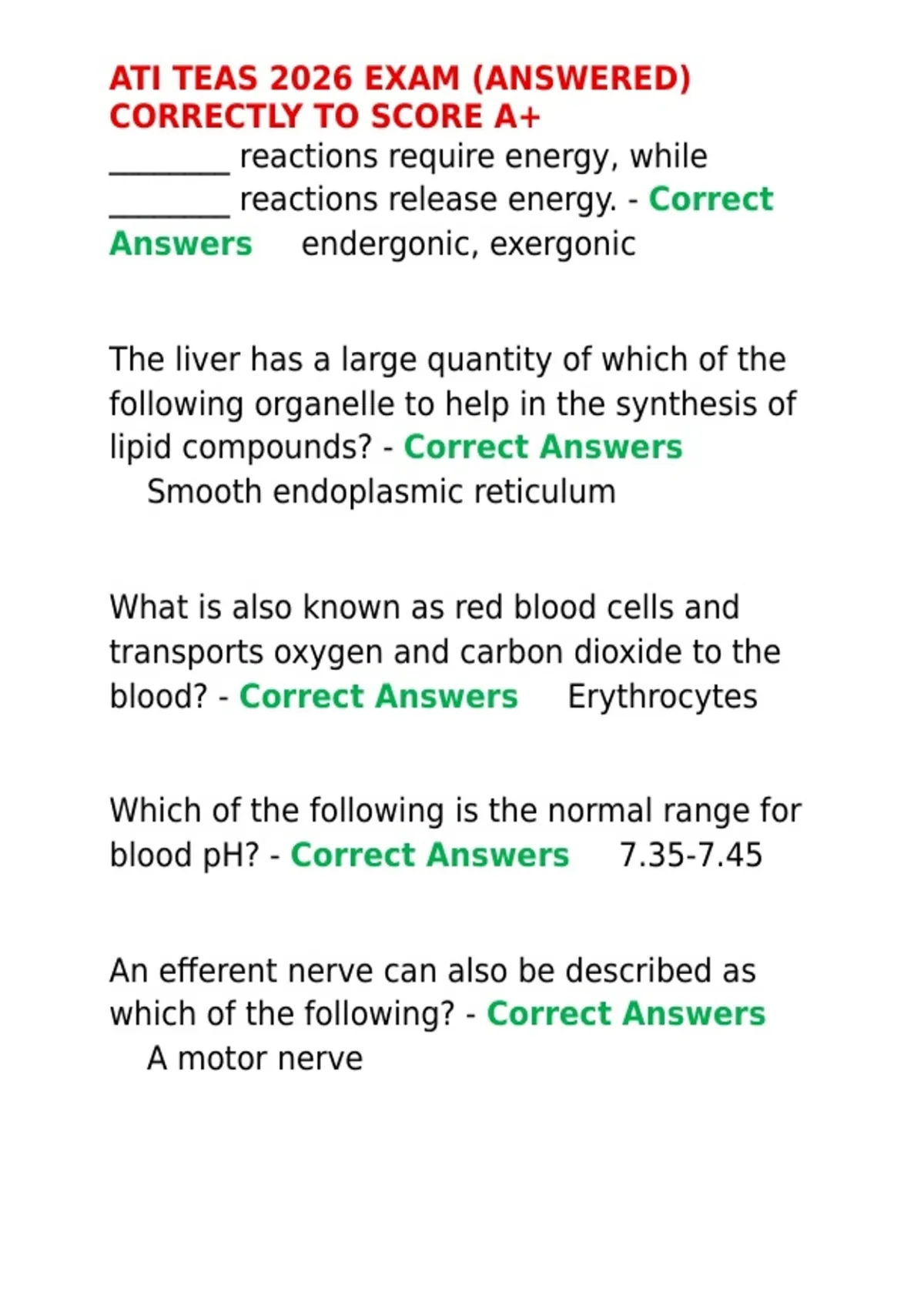 ATI TEAS 2026 EXAM (ANSWERED) CORRECTLY TO SCORE A+ - ATI RN ...