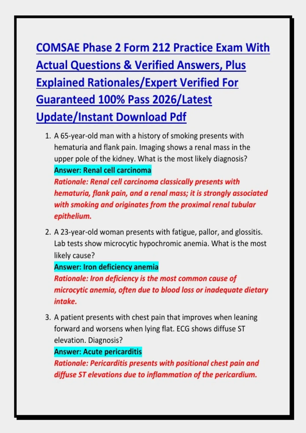 COMSAE Phase 2 Form 212 Practice Exam With Actual Questions & Verified ...