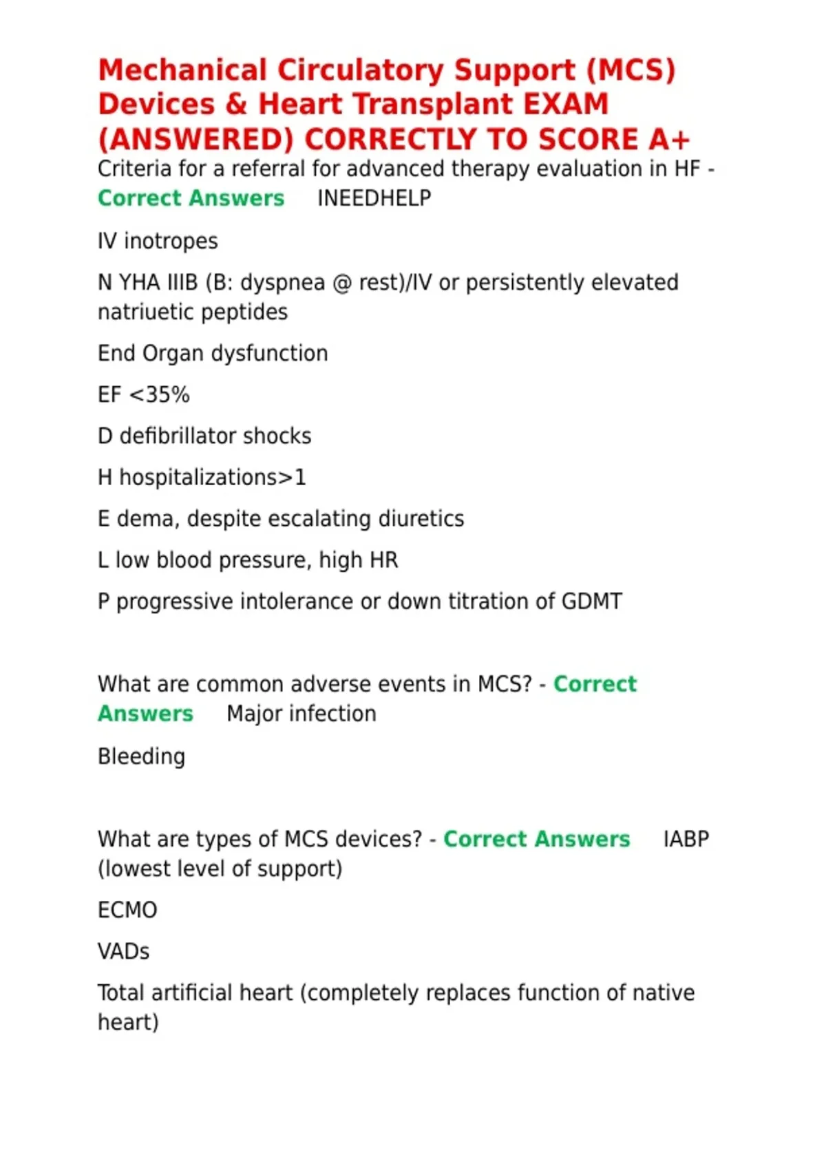 Mechanical Circulatory Support (MCS) Devices & Heart Transplant EXAM ...