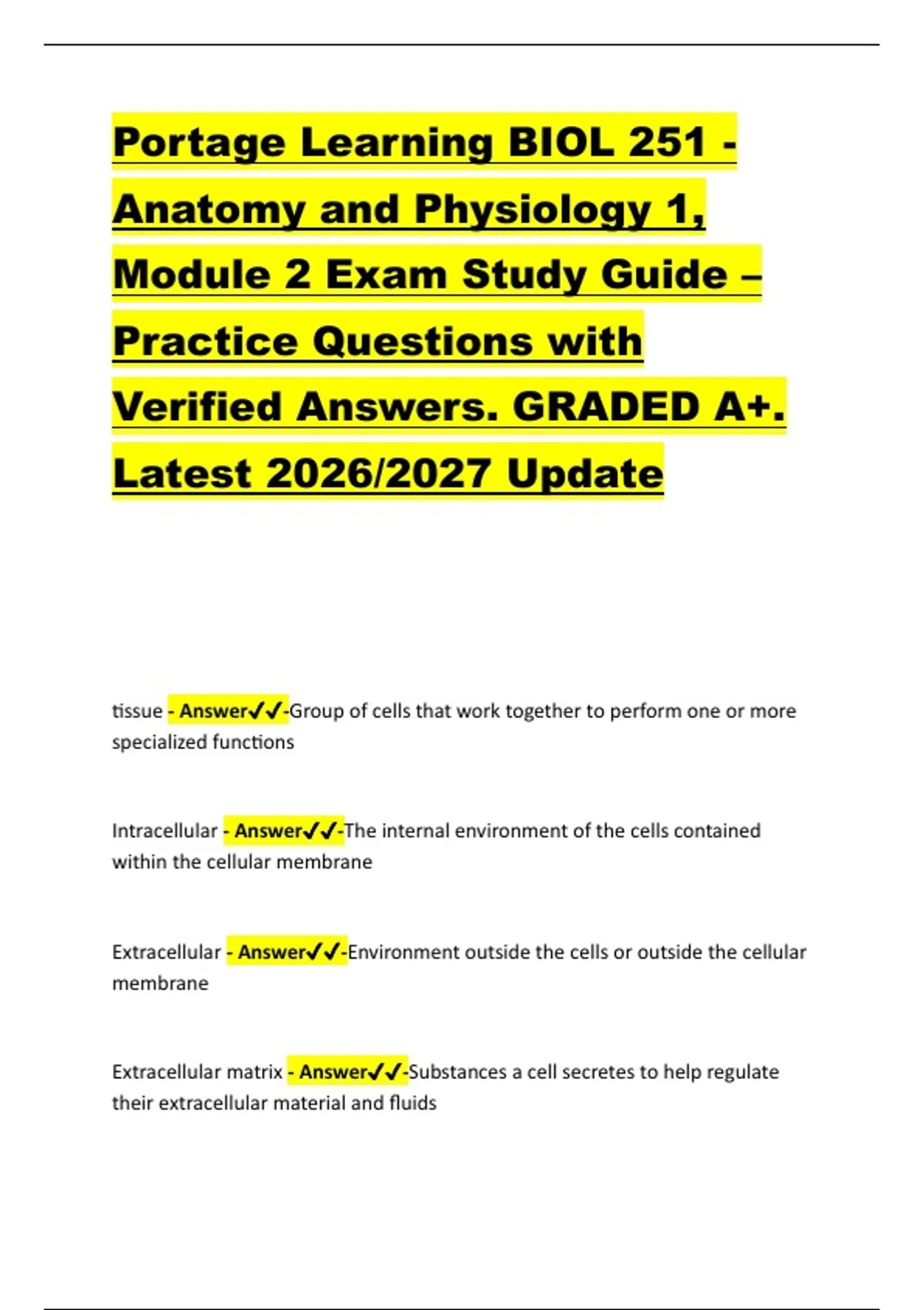 Portage Learning BIOL 251 - Anatomy and Physiology 1, Module 2 Exam ...