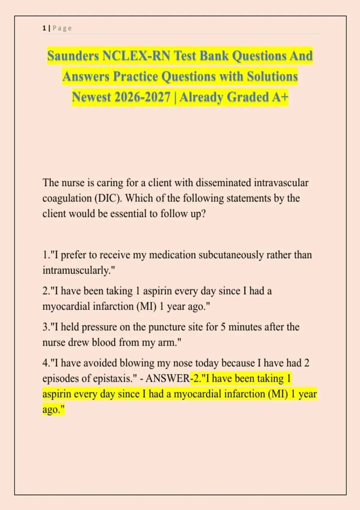 Saunders Sample Question Saunders NCLEX-RN Test Bank Questions And Answers Practice Questions ...