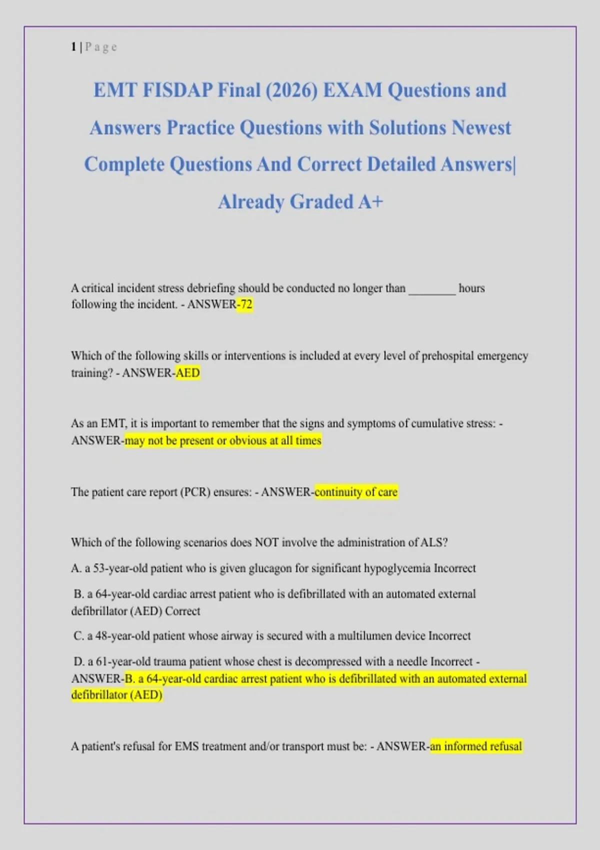 EMT FISDAP Final (2026) EXAM Questions and Answers Practice Questions ...