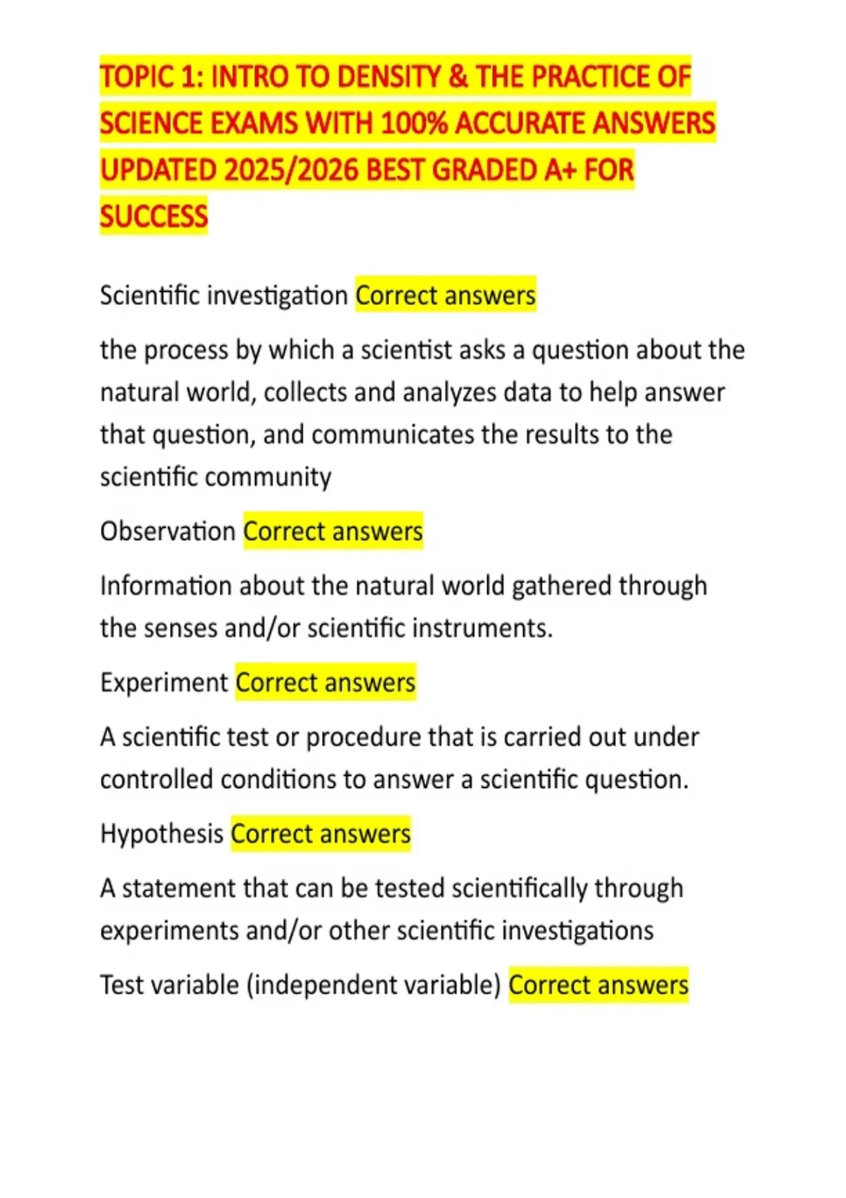 TOPIC 1: INTRO TO DENSITY & THE PRACTICE OF SCIENCE EXAMS WITH 100% ...