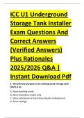 ICC U1 Underground &NewLine;Storage Tank Installer &NewLine;Exam Questions And &NewLine;Correct Answers &NewLine;&lpar;Verified Answers&rpar; &NewLine;Plus Rationales &NewLine;2025&sol;2026 Q&A &vert; &NewLine;Instant Download Pdf