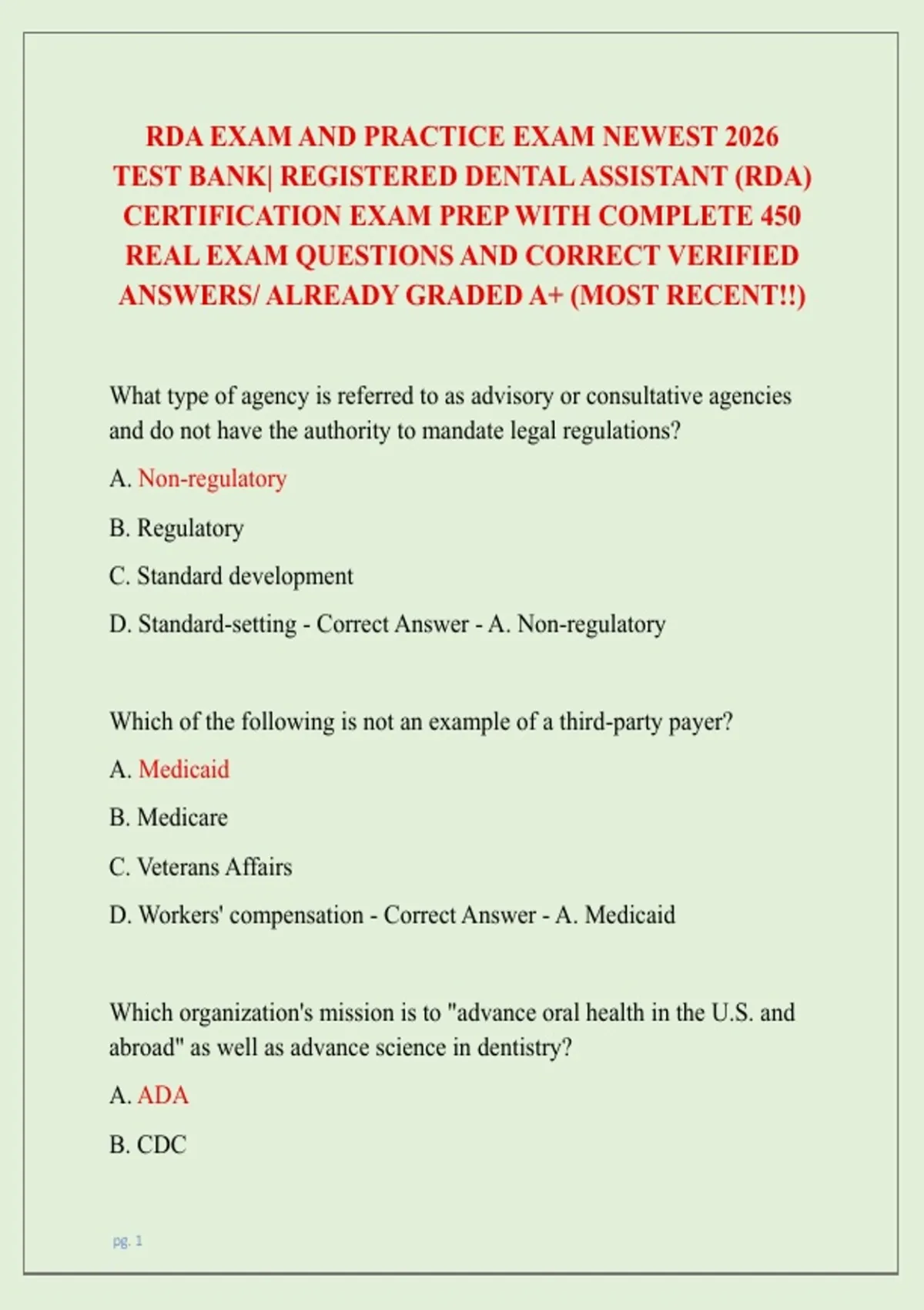 RDA EXAM AND PRACTICE EXAM NEWEST 2026 TEST BANK| REGISTERED DENTAL ...