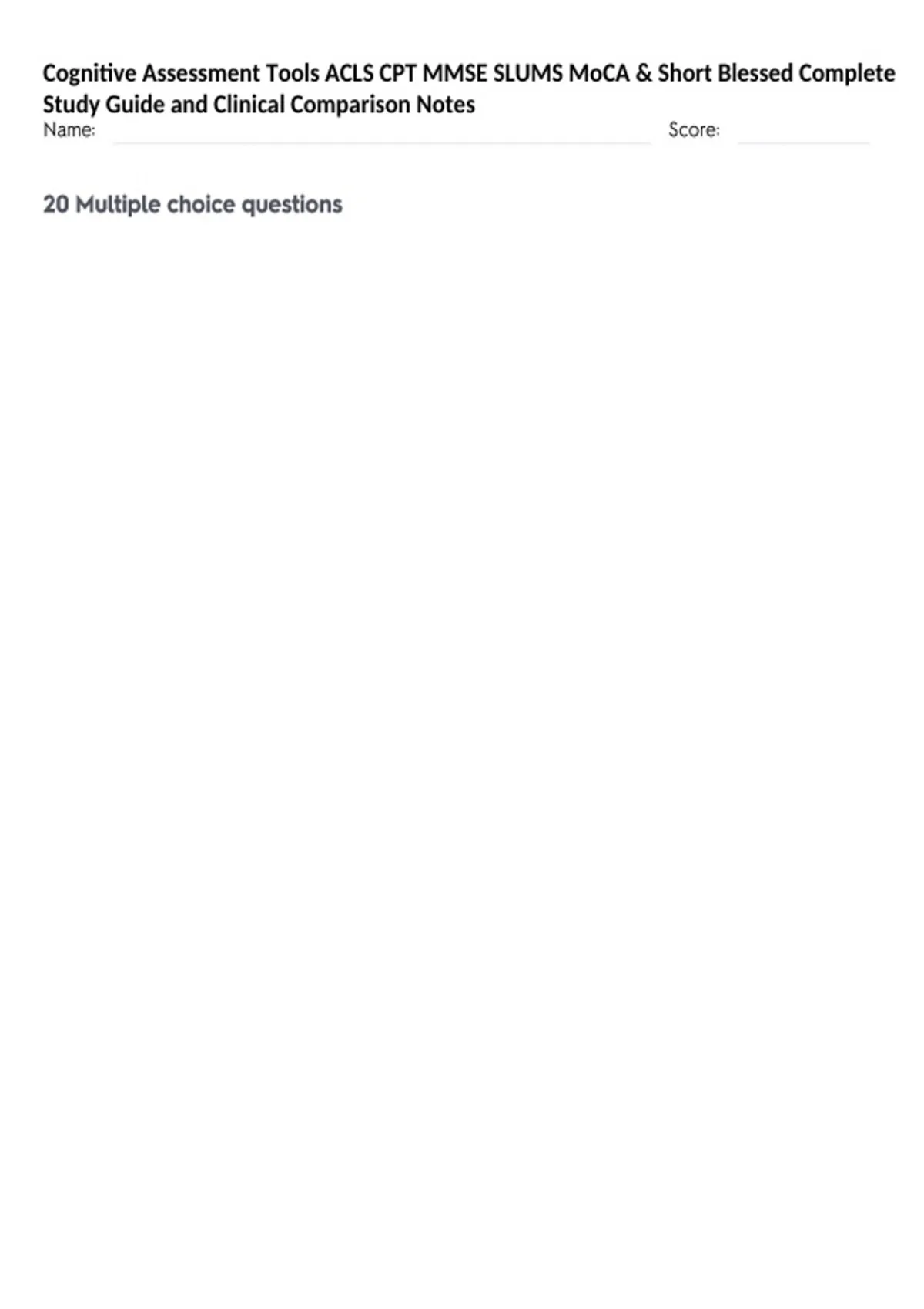 Cognitive Assessment Tools ACLS CPT MMSE SLUMS MoCA & Short Blessed