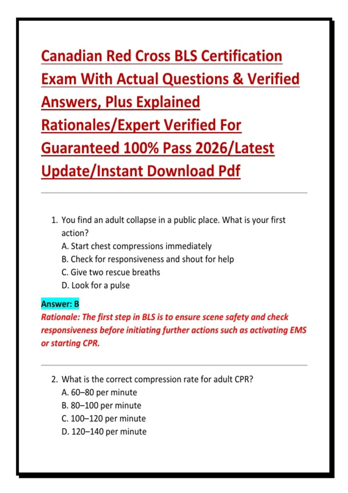 Canadian Red Cross BLS Certification Exam With Actual Questions ...
