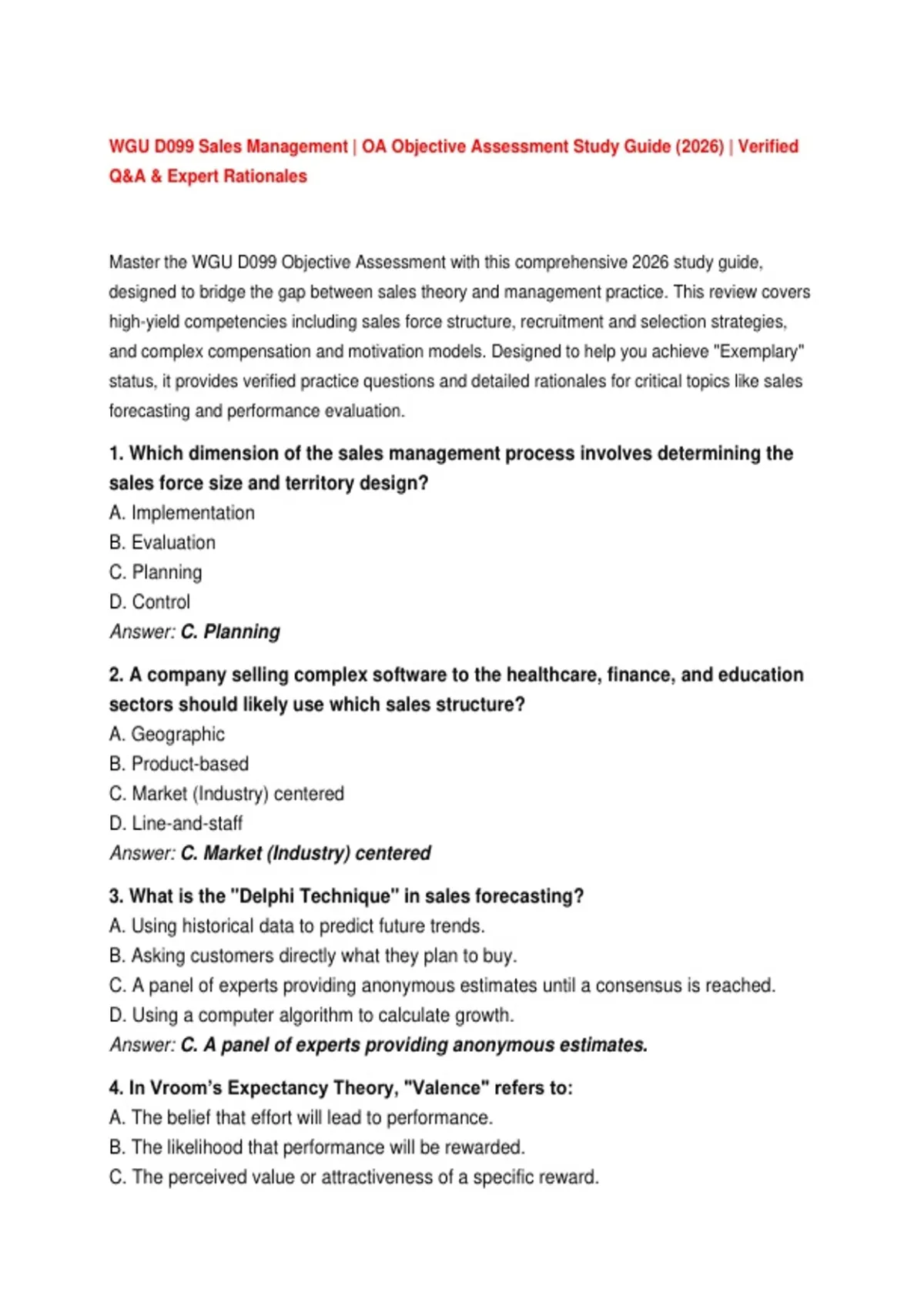 WGU D099 Sales Management | OA Objective Assessment Study Guide ...