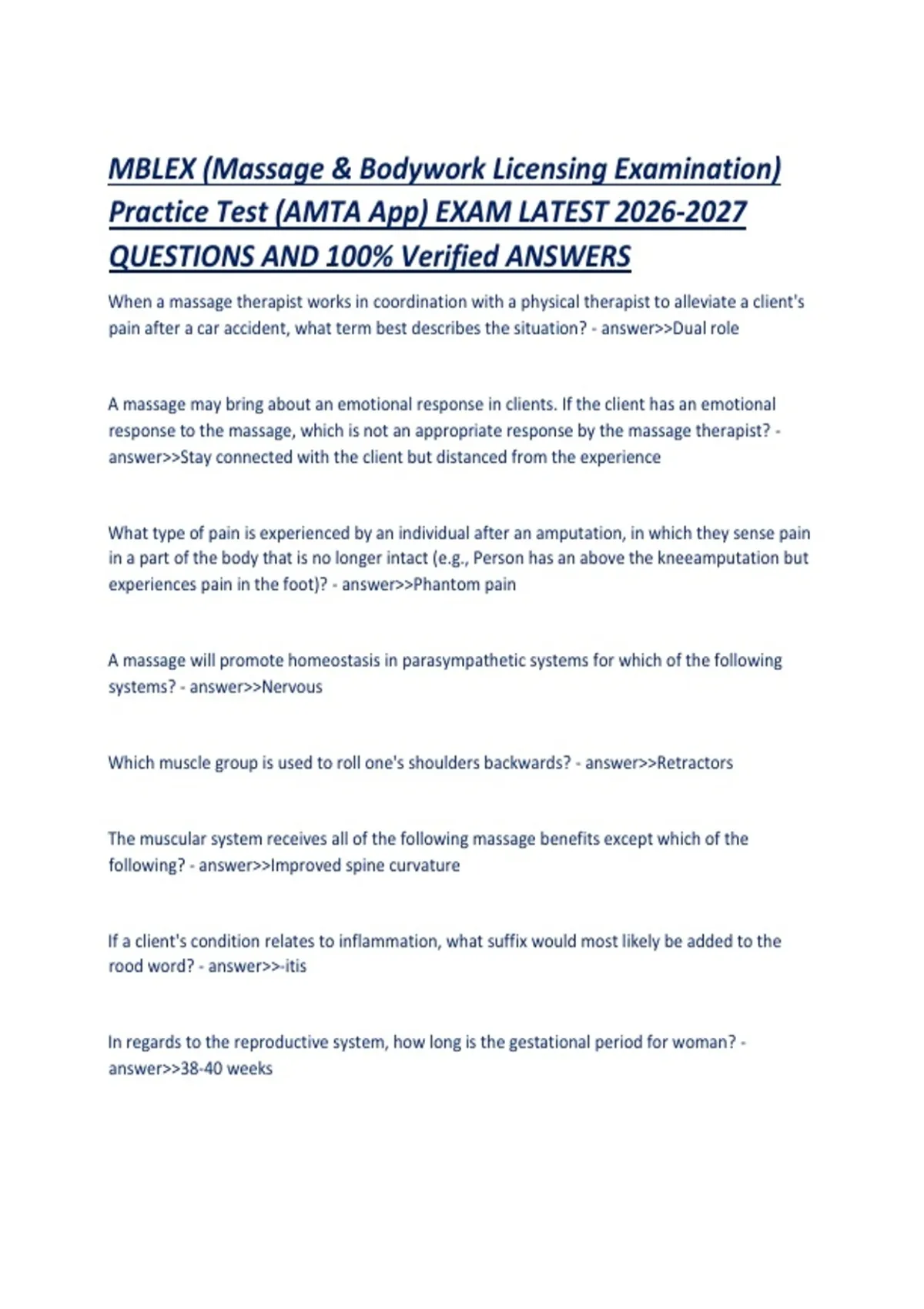 MBLEX (Massage & Bodywork Licensing Examination) Practice Test (AMTA ...