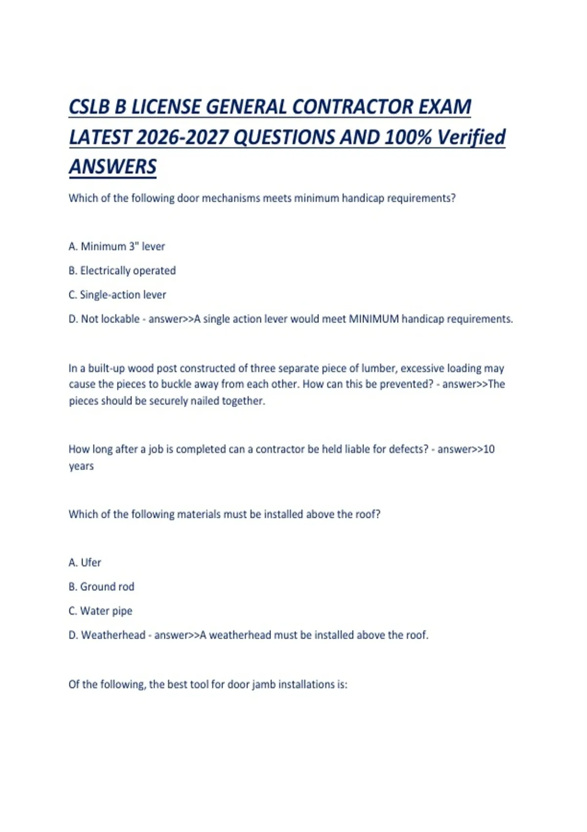 CSLB B LICENSE GENERAL CONTRACTOR EXAM LATEST QUESTIONS AND 100 ...