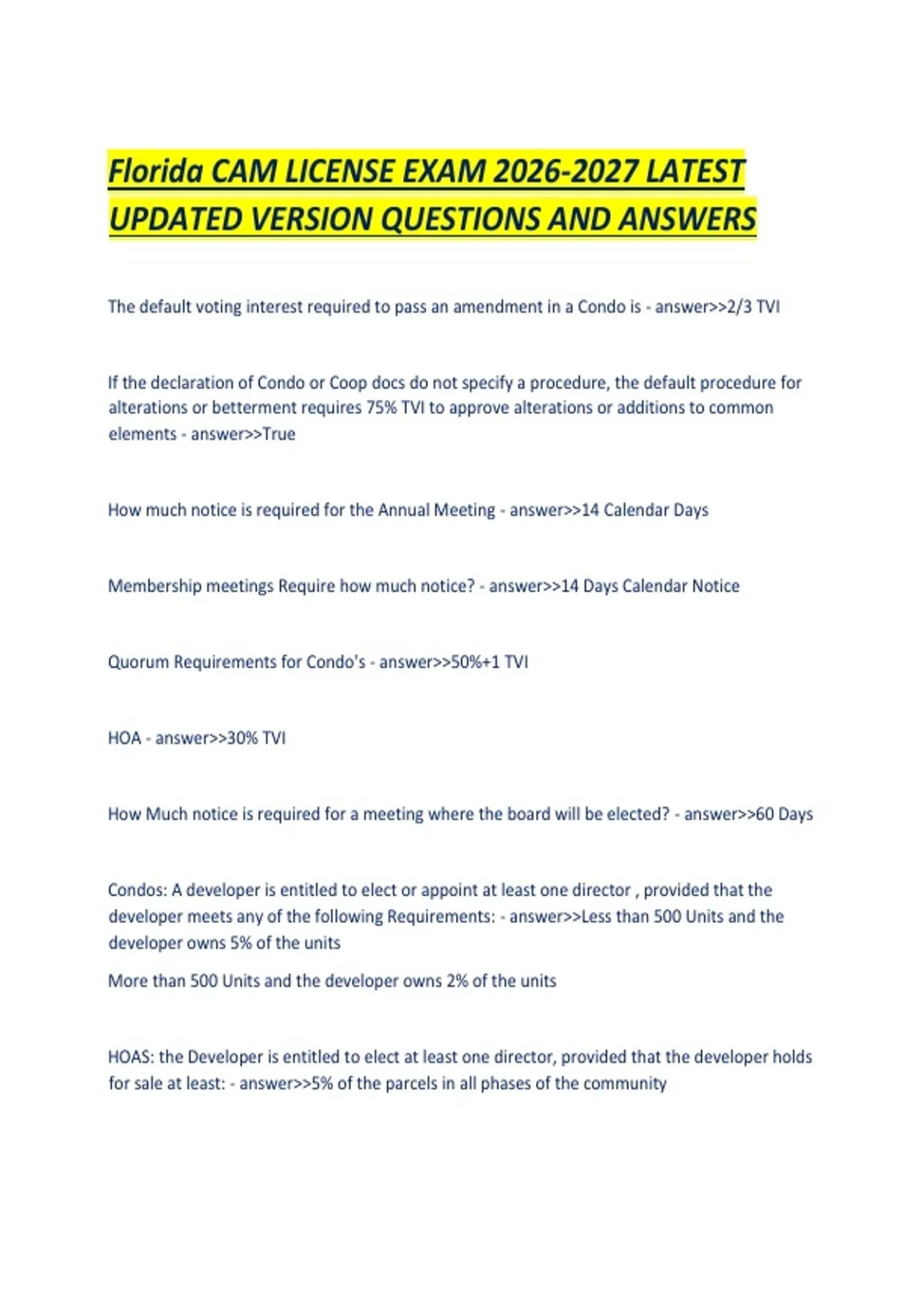 Florida CAM LICENSE EXAM LATEST UPDATED VERSION QUESTIONS AND ANSWERS ...