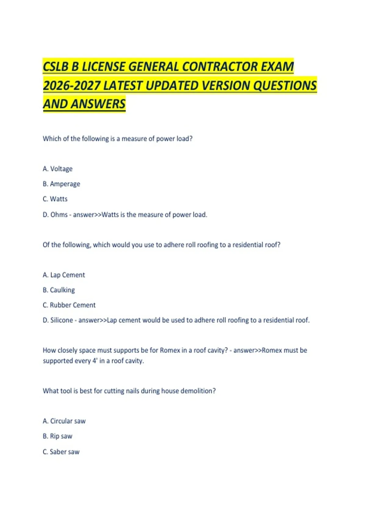 CSLB B LICENSE GENERAL CONTRACTOR EXAM LATEST UPDATED VERSION QUESTIONS ...