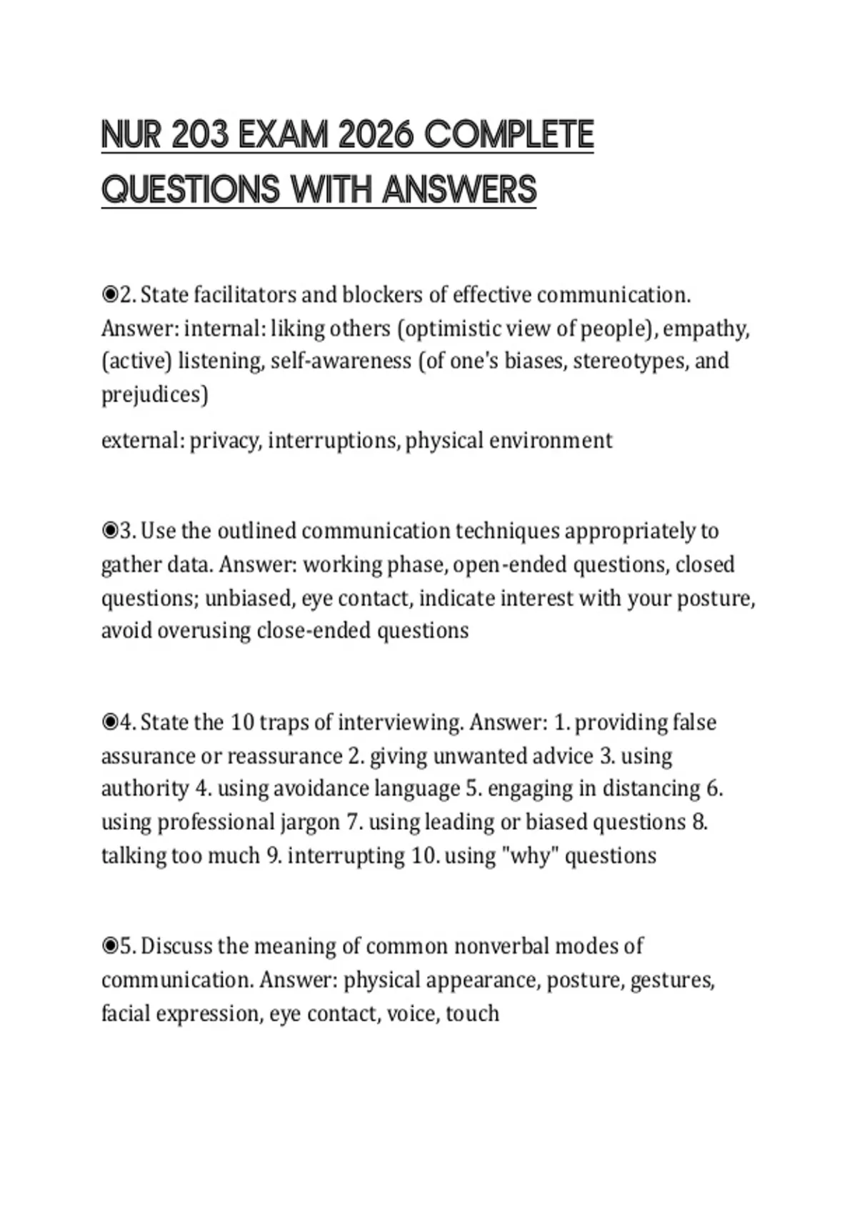 NUR 203 EXAM 2026 COMPLETE QUESTIONS WITH ANSWERS - NUR 203 - Stuvia US