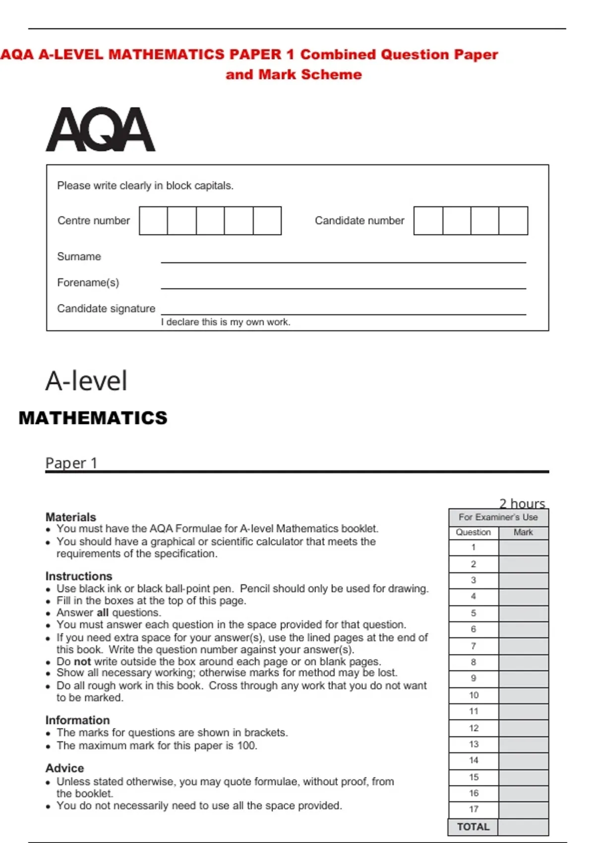 AQA A-LEVEL MATHEMATICS PAPER 1 Combined Question Paper - Aqa - Stuvia US