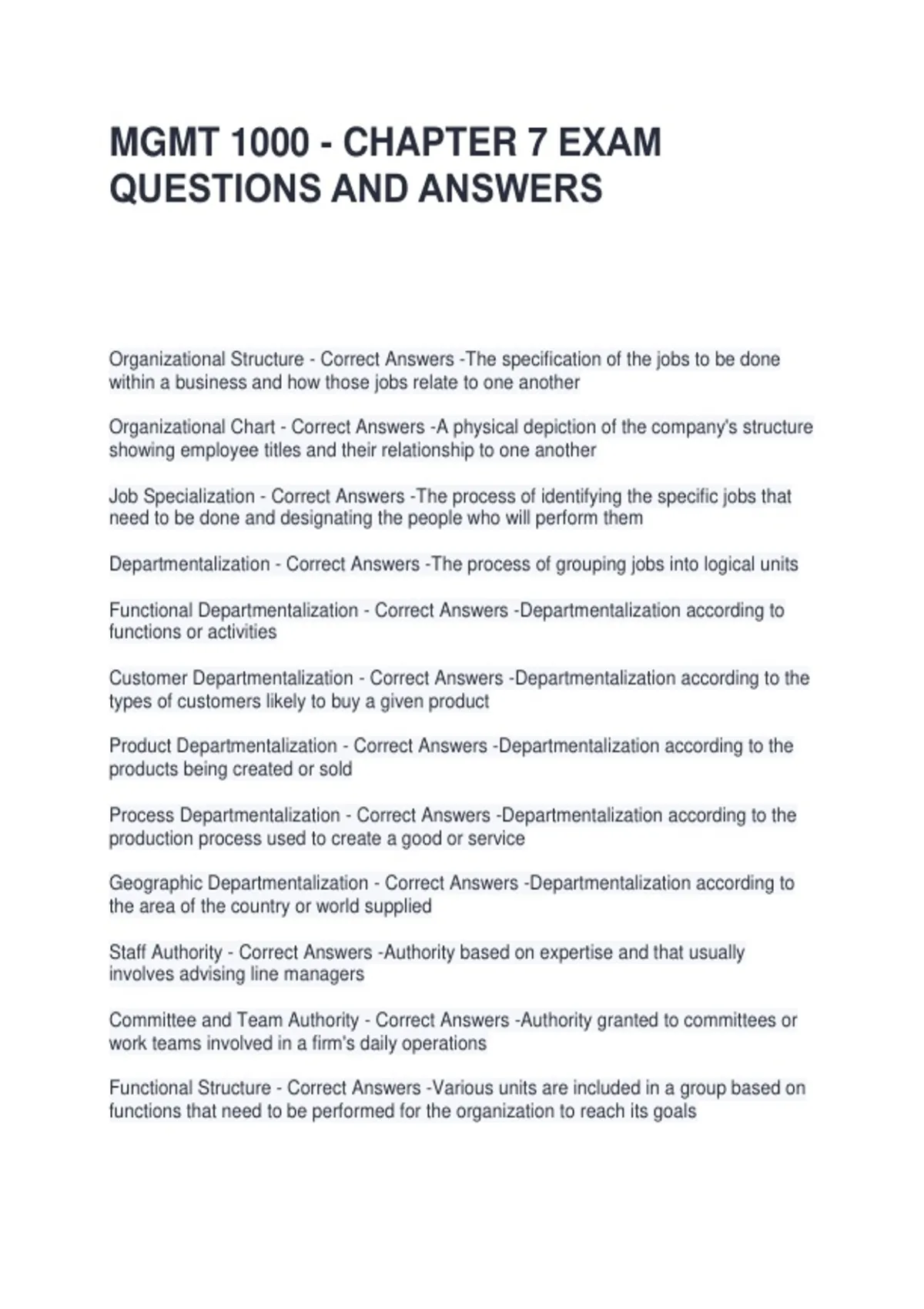 MGMT 1000 - CHAPTER 7 EXAM QUESTIONS AND ANSWERS - MGMT 1000 - Stuvia US