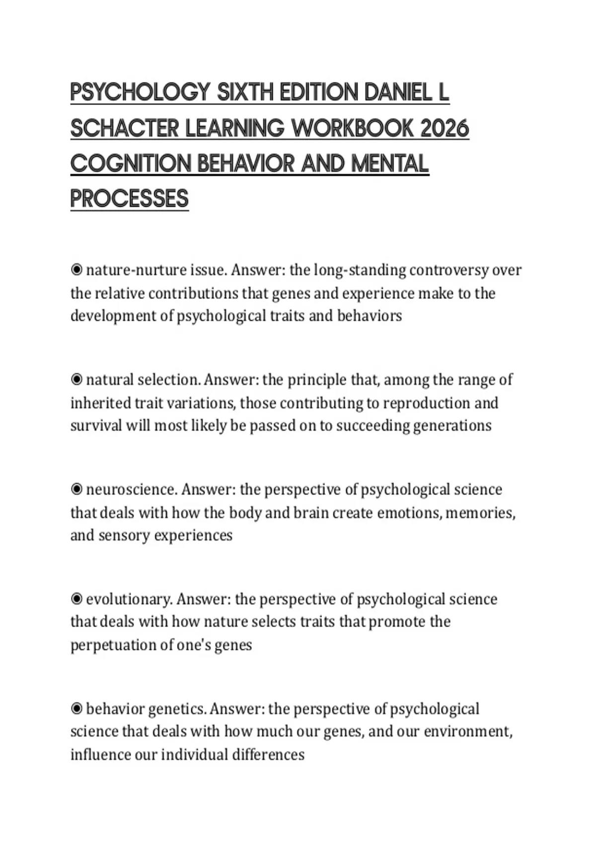 PSYCHOLOGY SIXTH EDITION DANIEL L SCHACTER LEARNING WORKBOOK 2026 COGNITION BEHAVIOR AND MENTAL ...