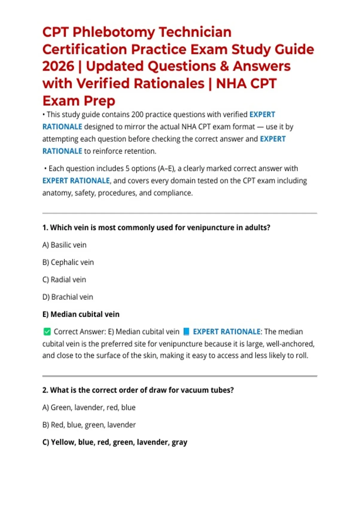 CPT Phlebotomy Technician Certification Practice Exam Study Guide 2026 ...