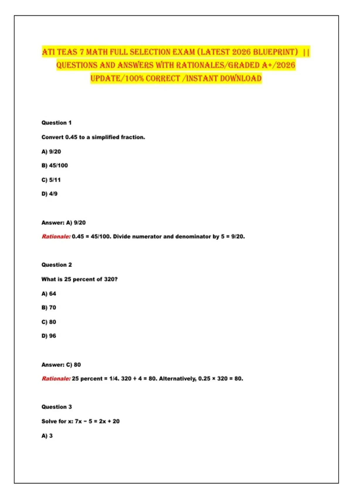 ATI TEAS 7 MATh Full SElEcTIon ExAM (lATEST 2026 BluEprInT ...