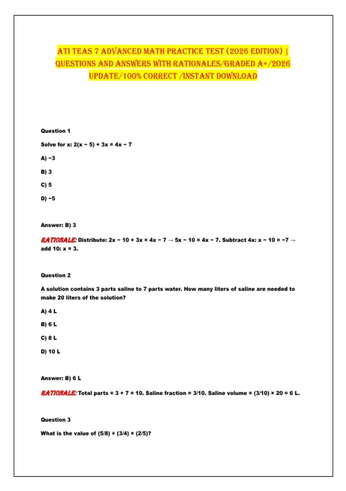 Advanced Math Utc ATI TEAS 7 AdvAncEd MATh PrAcTIcE TEST (2026 EdITIon) | QUESTIonS And ...