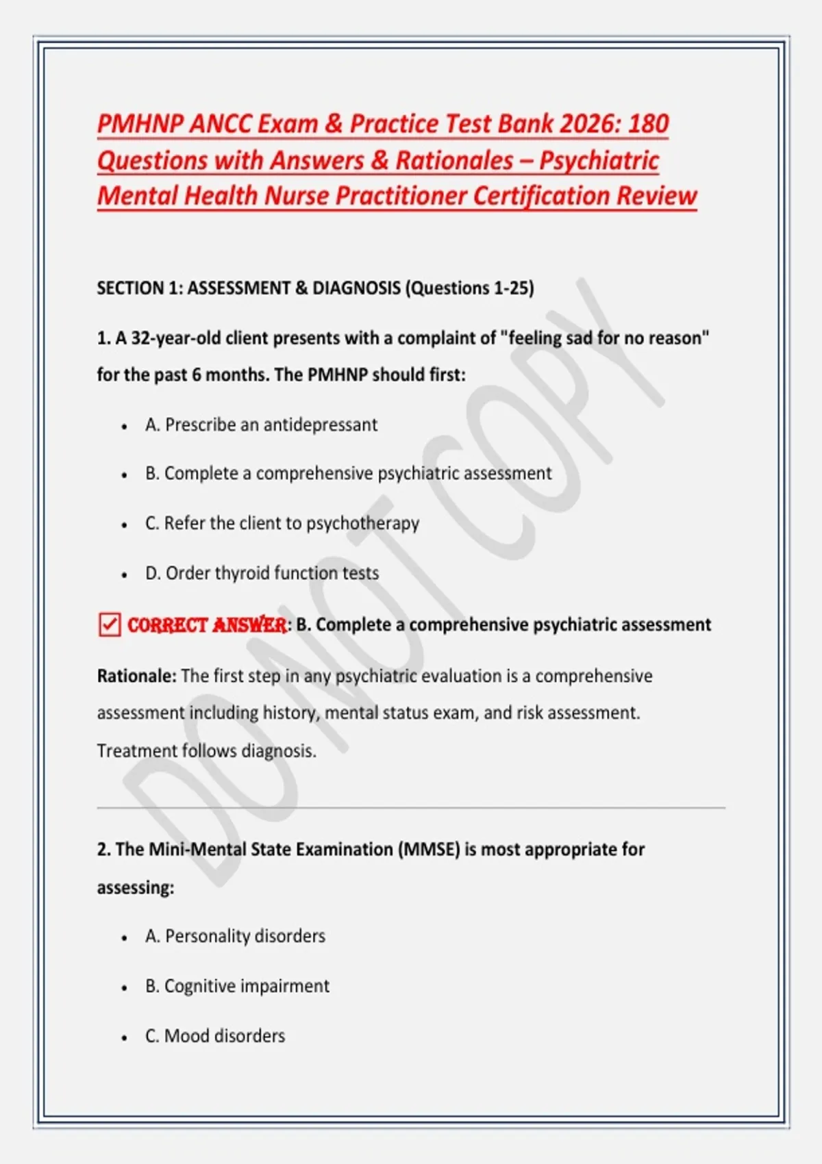 PMHNP ANCC Exam & Practice Test Bank 2026: 180 Questions with Answers ...