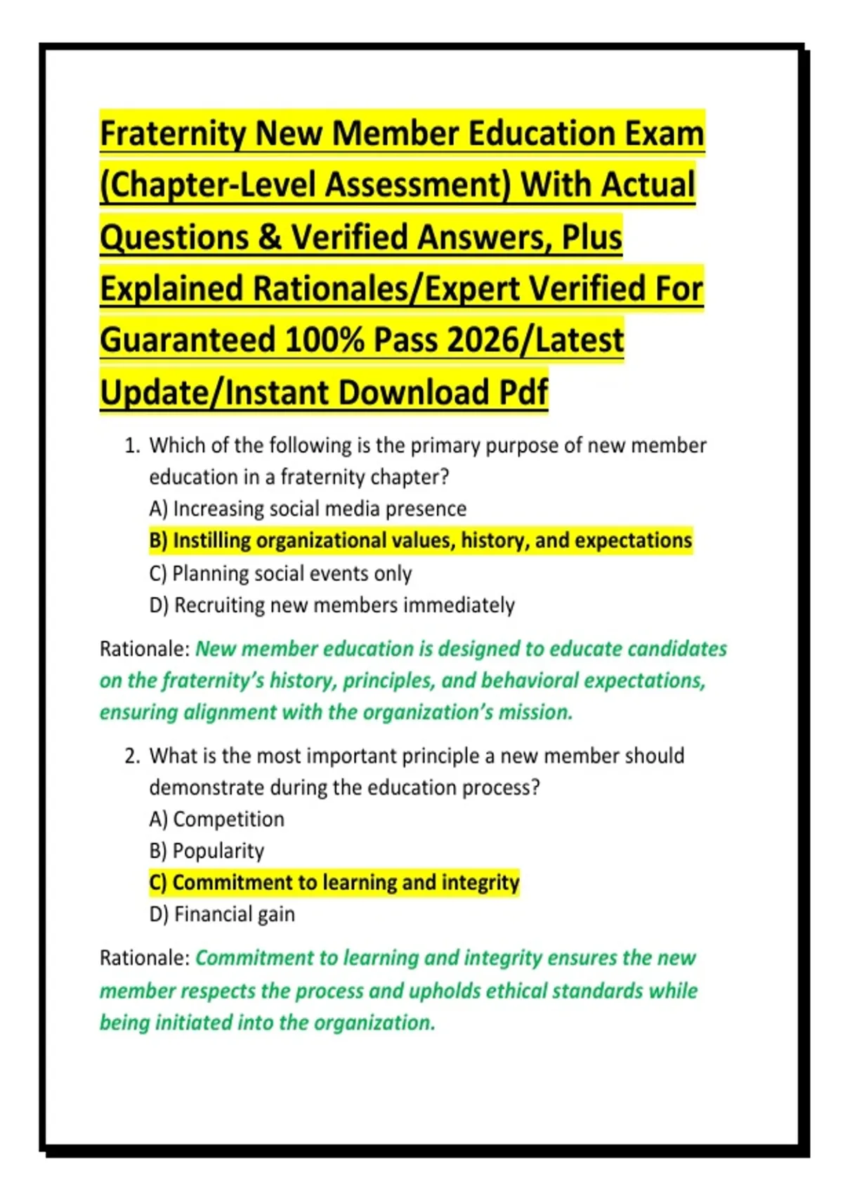 Frat Questionnaire.pdf Fraternity New Member Education Exam (Chapter-Level Assessment) With ...