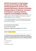PSY101 Introduction to Psychology Practice Exam Study Guide 2026 &vert; Verified Questions & Answers with Detailed Rationales &vert; Research Methods&comma; Biological Bases of Behavior&comma; Sensation & Perception&comma; Learning&comma; Memory&comma; Cognition and Intelligence Review