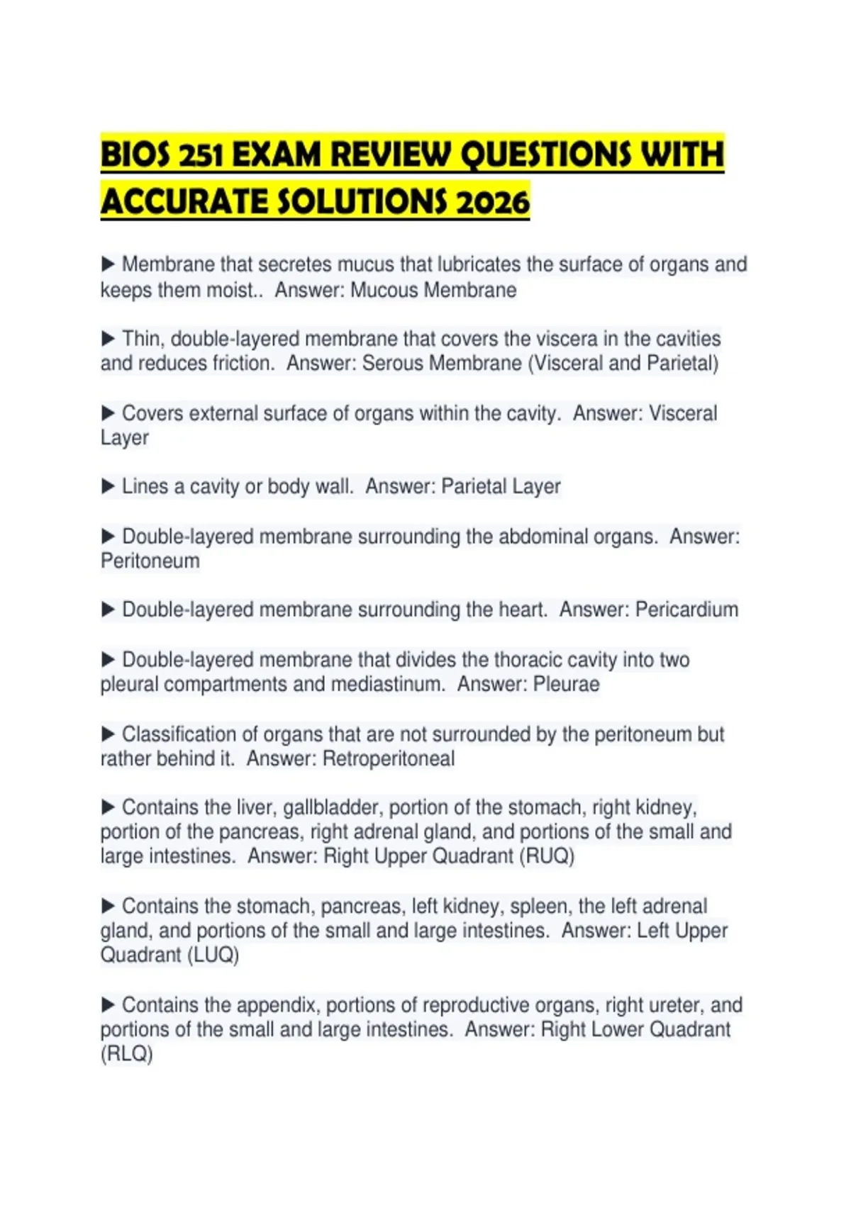 BIOS 251 EXAM REVIEW QUESTIONS WITH ACCURATE SOLUTIONS 2026. - BIOS 251 ...
