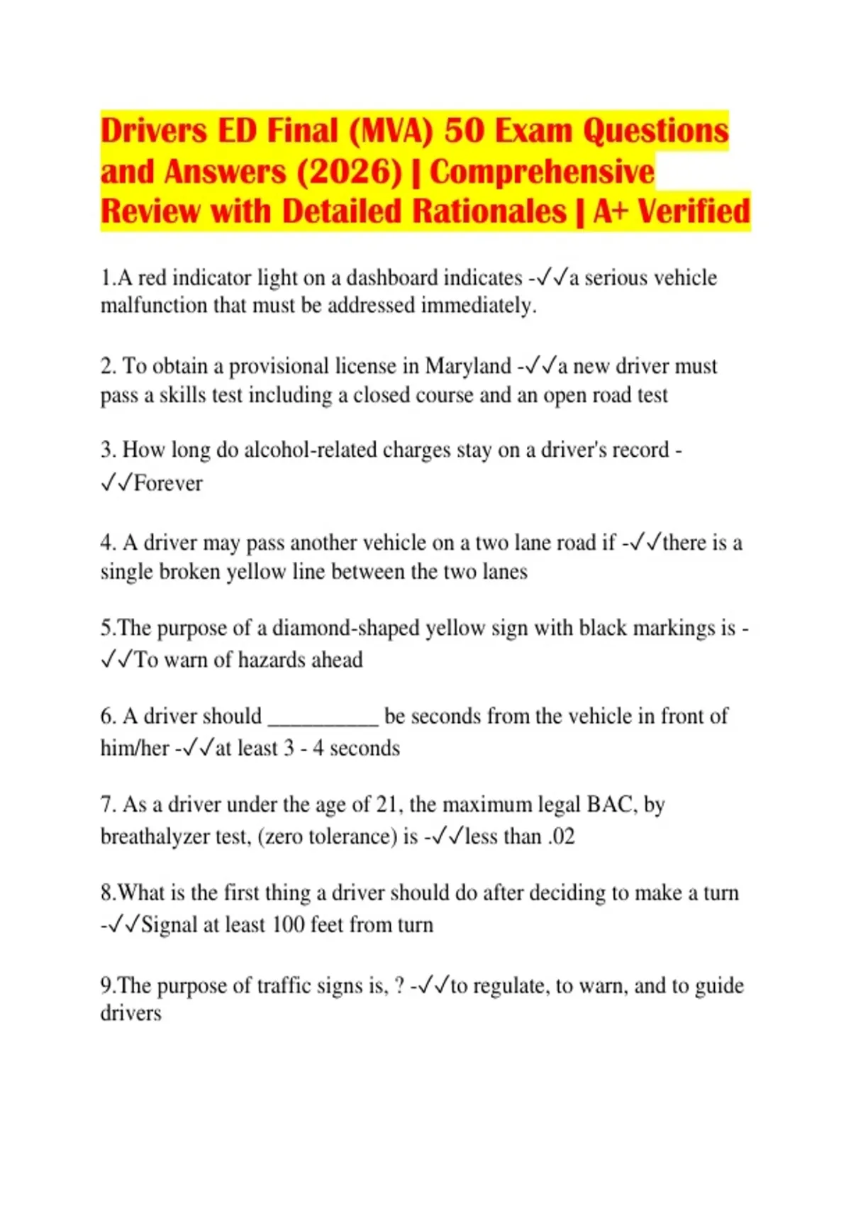 Drivers ED Final (MVA) 50 Exam Questions and Answers (2026 ...