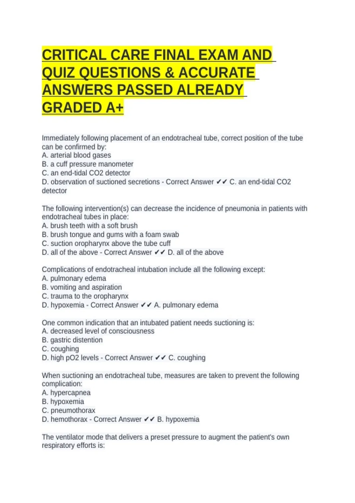 CRITICAL CARE FINAL EXAM AND QUIZ QUESTIONS & ACCURATE ANSWERS PASSED ...