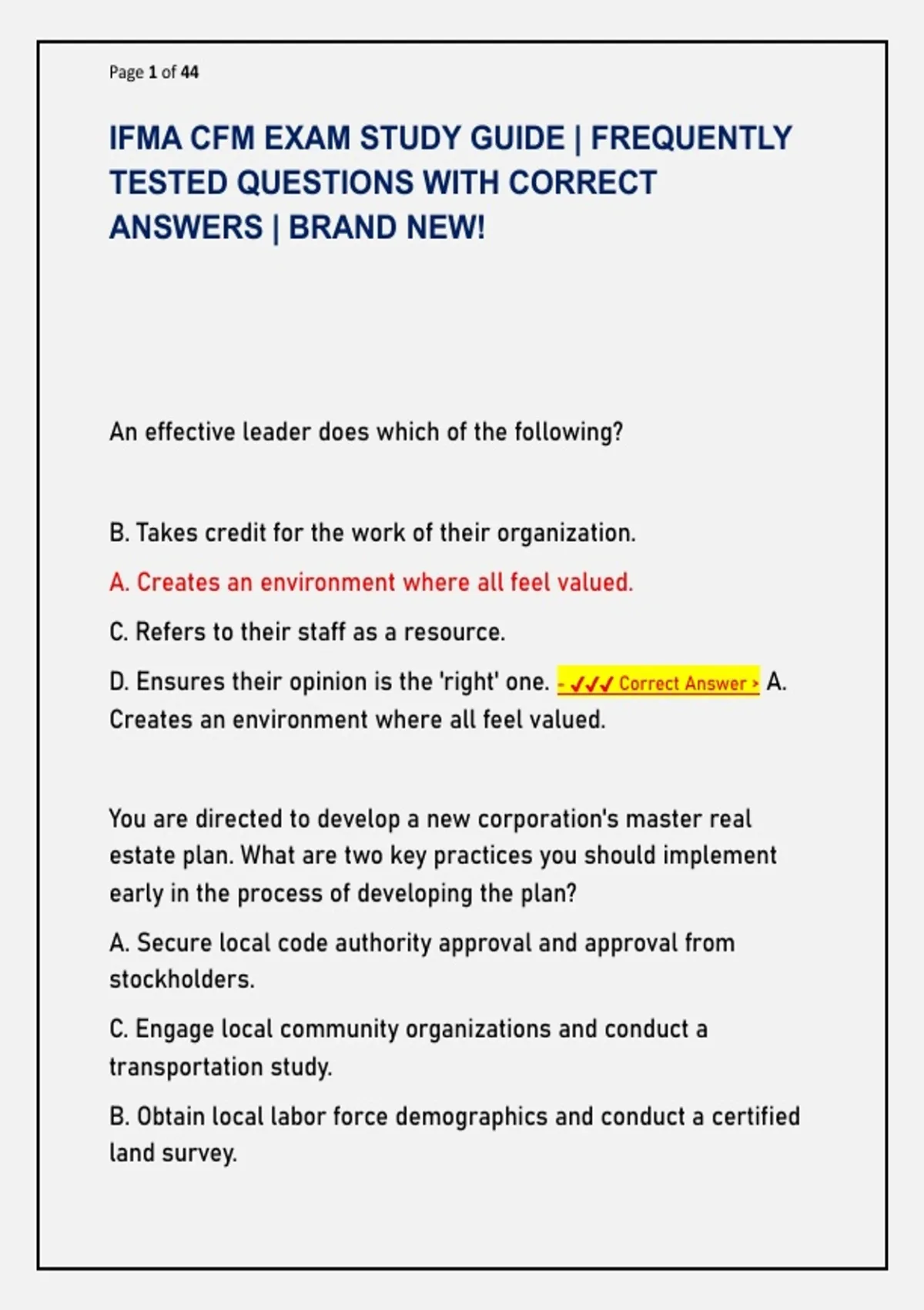 IFMA CFM EXAM STUDY GUIDE | FREQUENTLY TESTED QUESTIONS WITH CORRECT ...