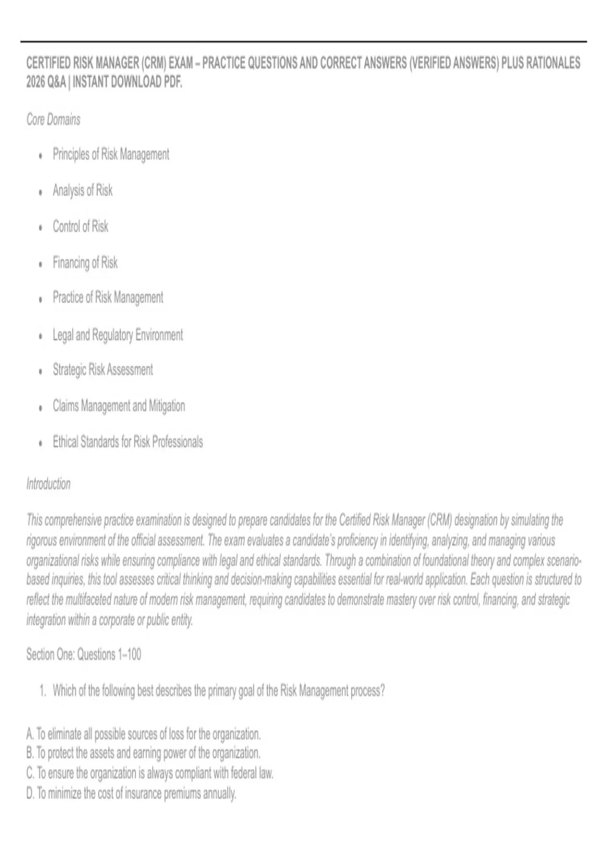 CERTIFIED RISK MANAGER (CRM) EXAM – PRACTICE QUESTIONS AND CORRECT ...