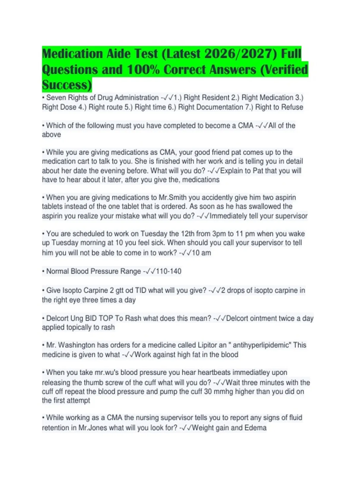 Medication Aide Test (Latest 2026/2027) Full Questions and 100% Correct ...