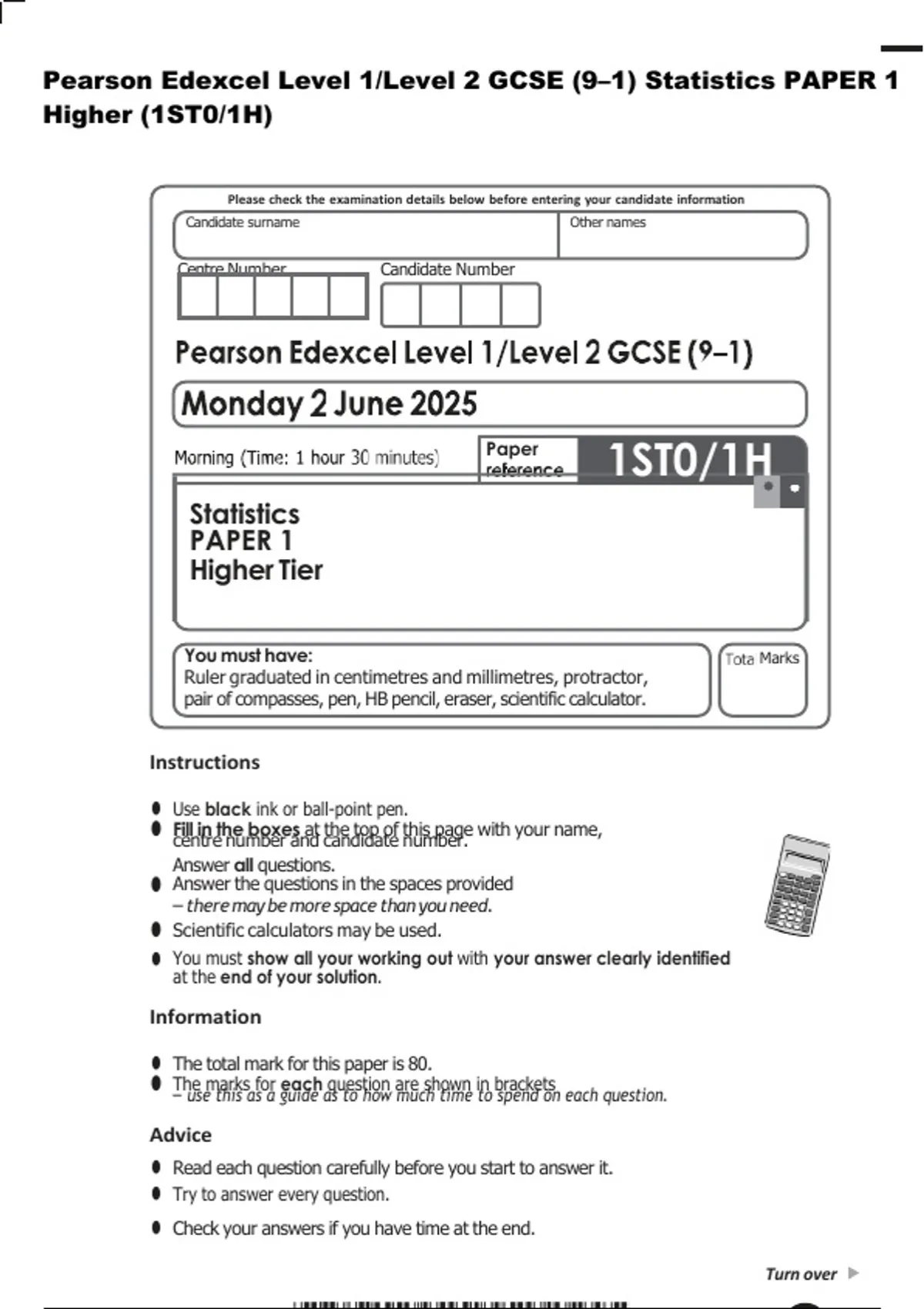 Pearson Edexcel Level 1/Level 2 GCSE (9–1) Statistics PAPER 1 Higher ...