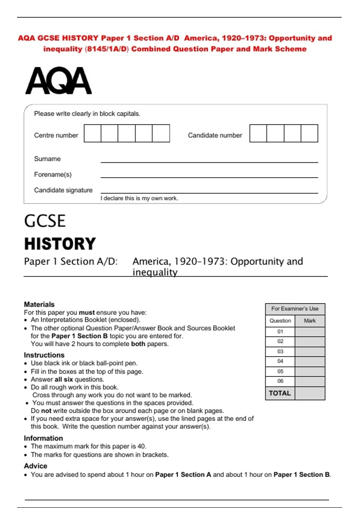 AQA GCSE HISTORY Paper 1 Section A/D America, 1920–1973: Opportunity ...