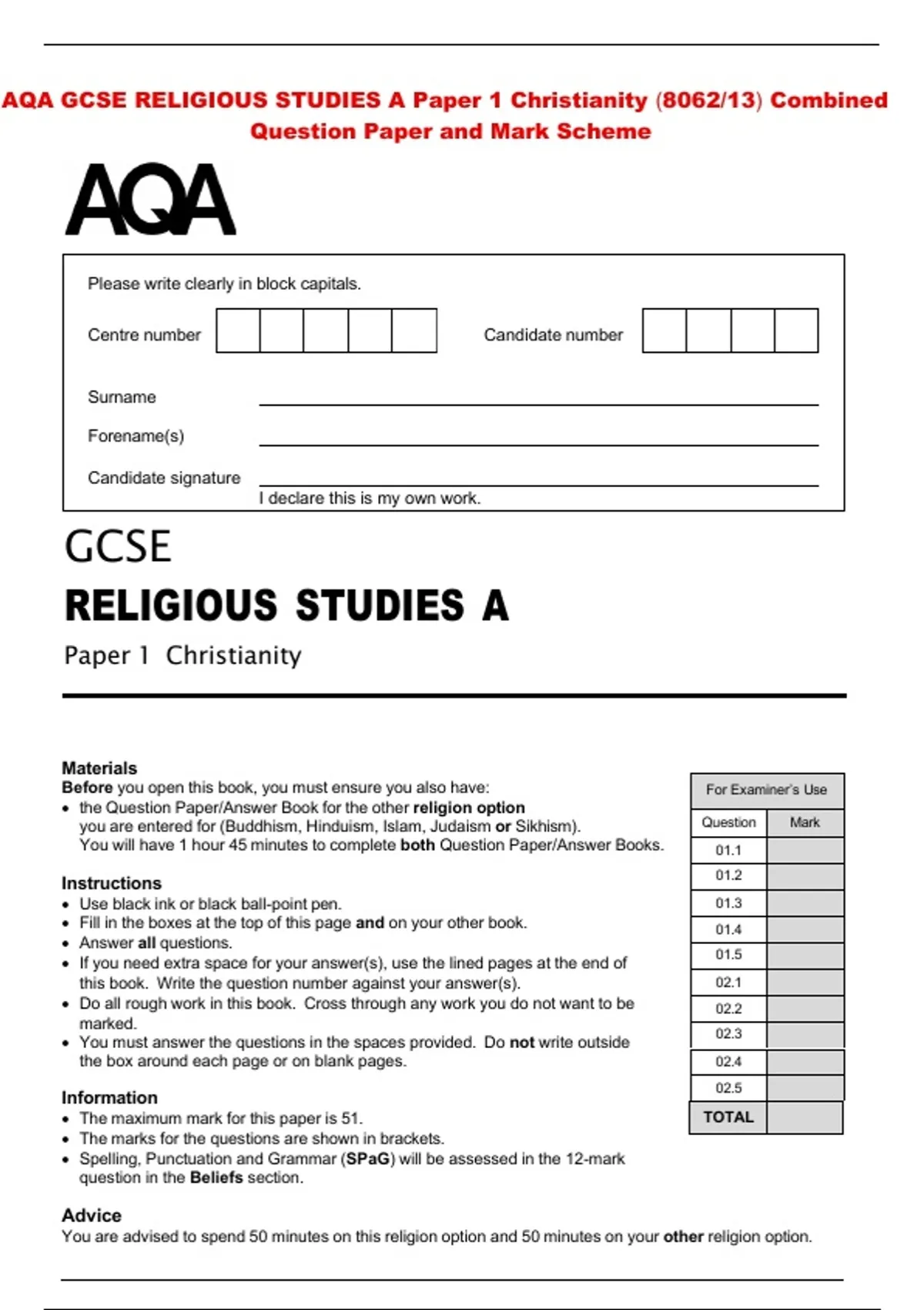 AQA GCSE RELIGIOUS STUDIES A Paper 1 Catholic Christianity (8062/12 ...