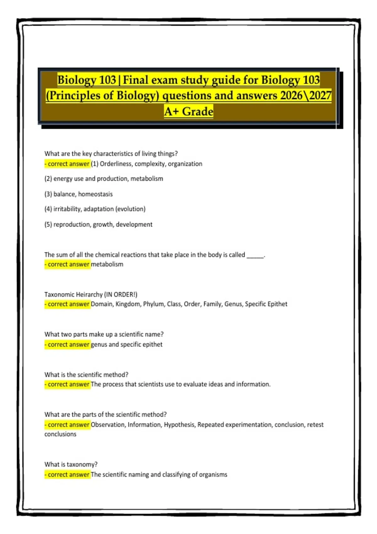 Biology 103 Principles of Biology Final Exam 2026/2027 – Study Guide ...