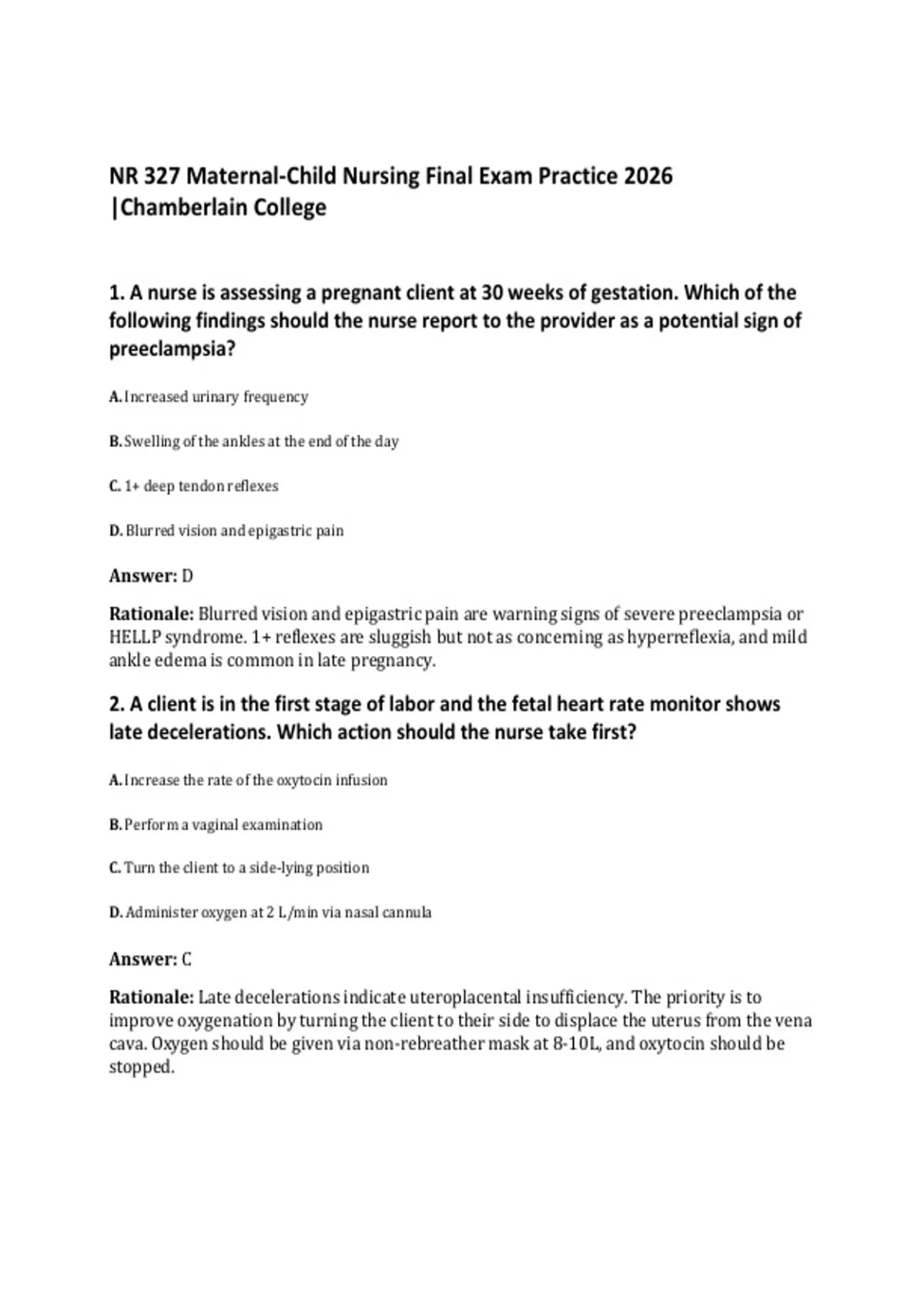 NR 327 Maternal-Child Nursing Final Exam Practice 2026 |Chamberlain ...