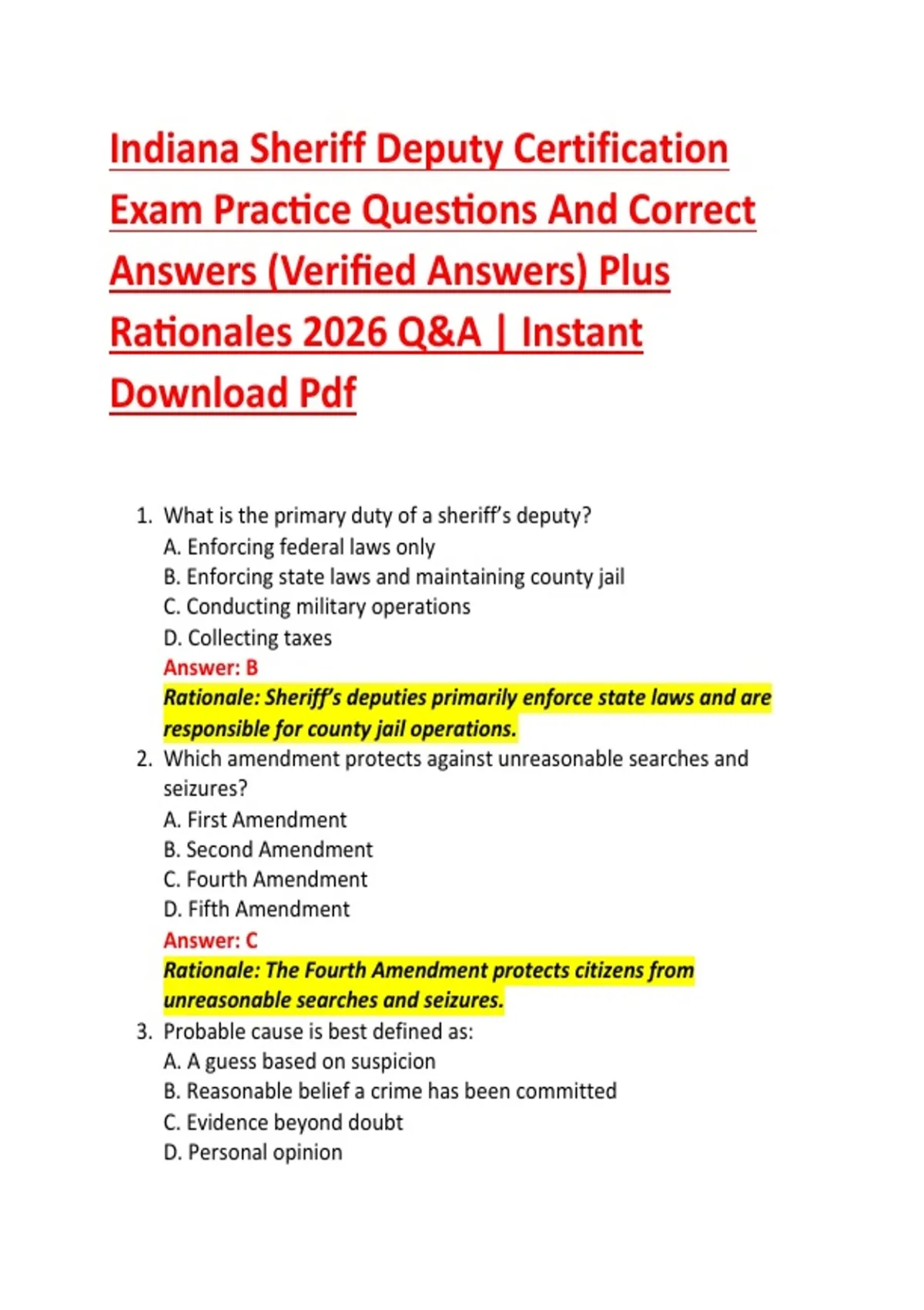 Indiana Sheriff Deputy Certification Exam Practice Questions And Correct Answers (Verified ...