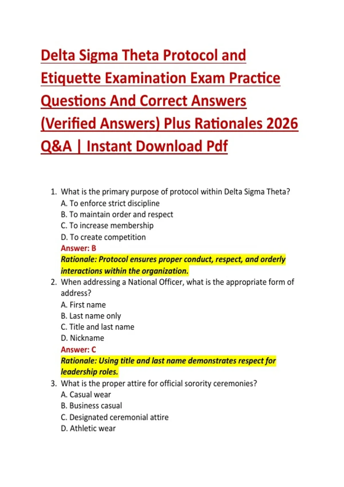 Delta Sigma Theta Protocol and Etiquette Examination Exam Practice ...